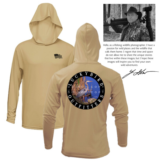 LuckyBird Outfitters Performance Hoodie with Great Blue Heron Print